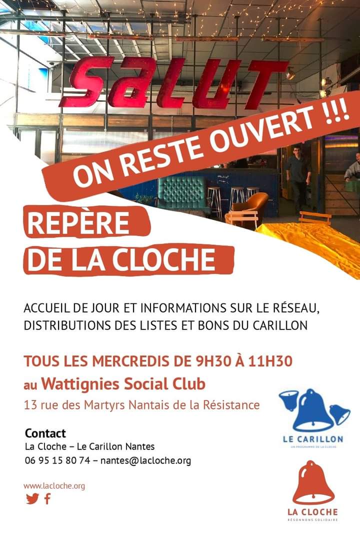 LaClochePDLL's tweet photo. [RE-CONFINEMENT]
Durant le #reconfinement La Cloche reste mobilisée et adapte ses actions:
👉 Maintien des rencontres de rue 
👉Maintien de notre accueil de jour 
👉Nous accompagnons les commerçants du #Carillon
👉Nous poursuivons le  programme Ré-action de makesense. https://t.co/nkRLVVjRNh