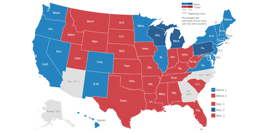 AdAstraConseil's tweet photo. The battle for the US presidential election is also a cartographic battle. Here are two different examples of maps from the @nytimes to illustrate how we can read the results. https://t.co/VOdqg6Xi96