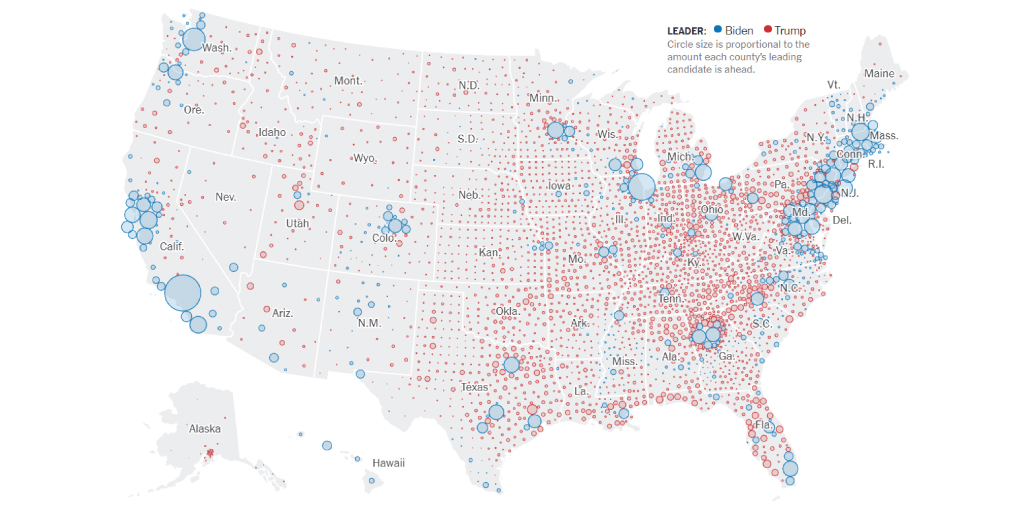 AdAstraConseil's tweet photo. The battle for the US presidential election is also a cartographic battle. Here are two different examples of maps from the @nytimes to illustrate how we can read the results. https://t.co/VOdqg6Xi96