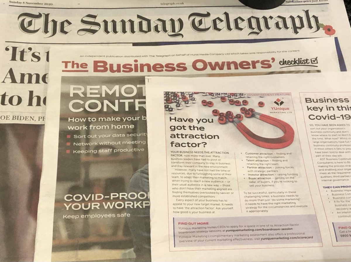 YUnique_Mktg's tweet photo. Delighted to be featured in today’s Sunday Telegraph Business Owners’ Checklist supplement @ChecklistSocial @HurstMedia_.
Full of useful advice and guidance for business owners in today’s challenging times.
#Business #Entrepreneurship #Marketing #Strategy #InsightsIntoAction https://t.co/PAZ4pCVE7D