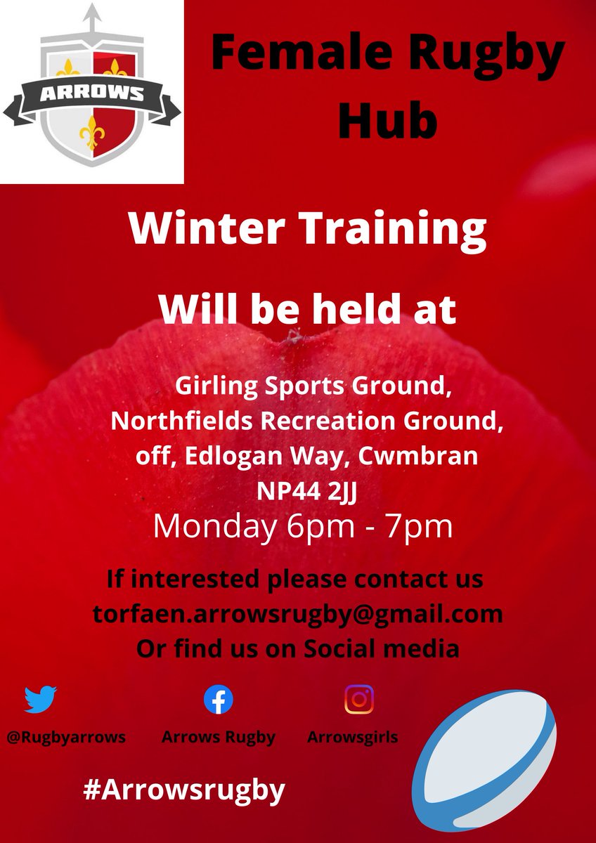 RugbyArrows's tweet photo. Training Returns Monday 9/11/2020
* Note Change of Venue
Remember to book your place on our app and do your WRU Covid check. 🏹🏉❤️ #letsgettraining #girlsrugby #wintertraining https://t.co/rK3TjopVoG
