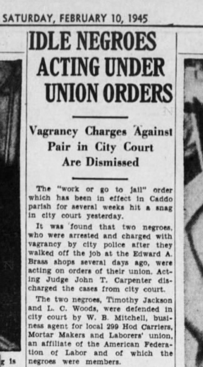 Still happening in Shreveport in 1945.And note the union involvement. People don't realize how much of the anti-union sentiment in the south is based on the desire to continue ownership over the labor of black people after 1865.(Shreveport Times, Feb. 10, 1945.)