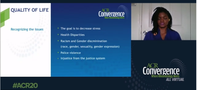 CreakyJoints's tweet photo. At #ACR20 #PatientPosters, #lupus patient @Xtel007 spoke powerfully about the impact stress has on fellow #rheumatology patients + the many factors that contribute to why Black patients experience disproportionately high levels of stress. https://t.co/H4RfNlRykX