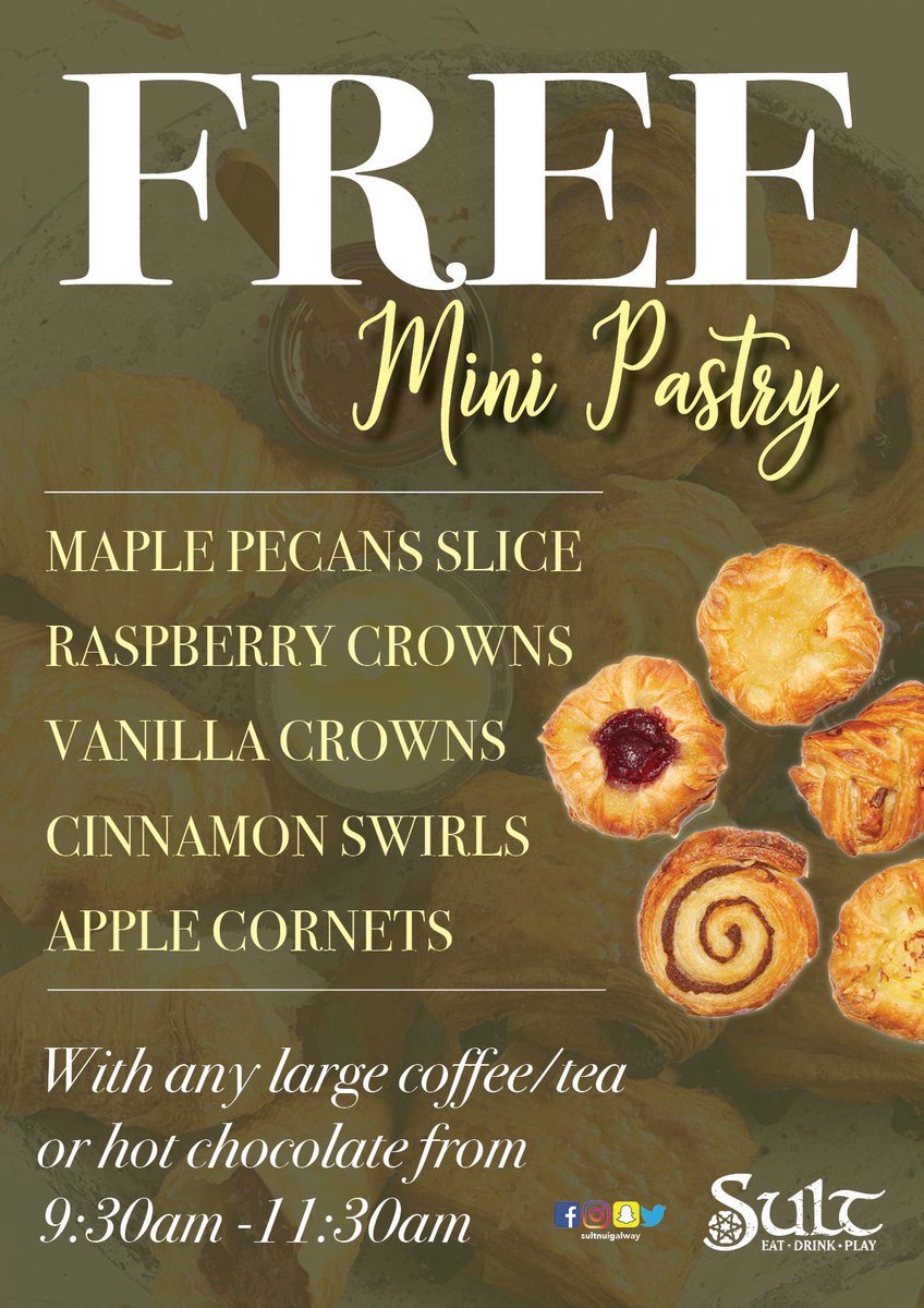SultGalway's tweet photo. We are looking forward to next week already so start the week off right! ✅📍 Get FREE pastries with any large drink every morning this week . 💜 What a way to start your day!! #Sultnuigalway #Freebies #Freemadness #Morningvibes #Pastryheaven https://t.co/fKpLMBxsMi