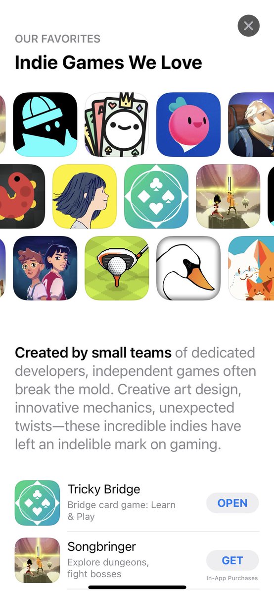 Thank you to Apple for featuring <a href="/TrickyBridge/">Tricky Bridge</a> first in today’s “Indie Games We Love” list.
#indiedev #playbridge