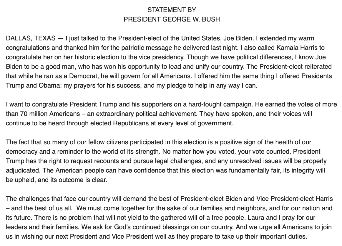 ABC's tweet photo. JUST IN: Former Pres. George W. Bush says he spoke to President-elect Joe Biden and "extended my warm congratulations and thanked him for the patriotic message he delivered last night." https://t.co/DfgJ3KrPqa https://t.co/LJ75lplMZm