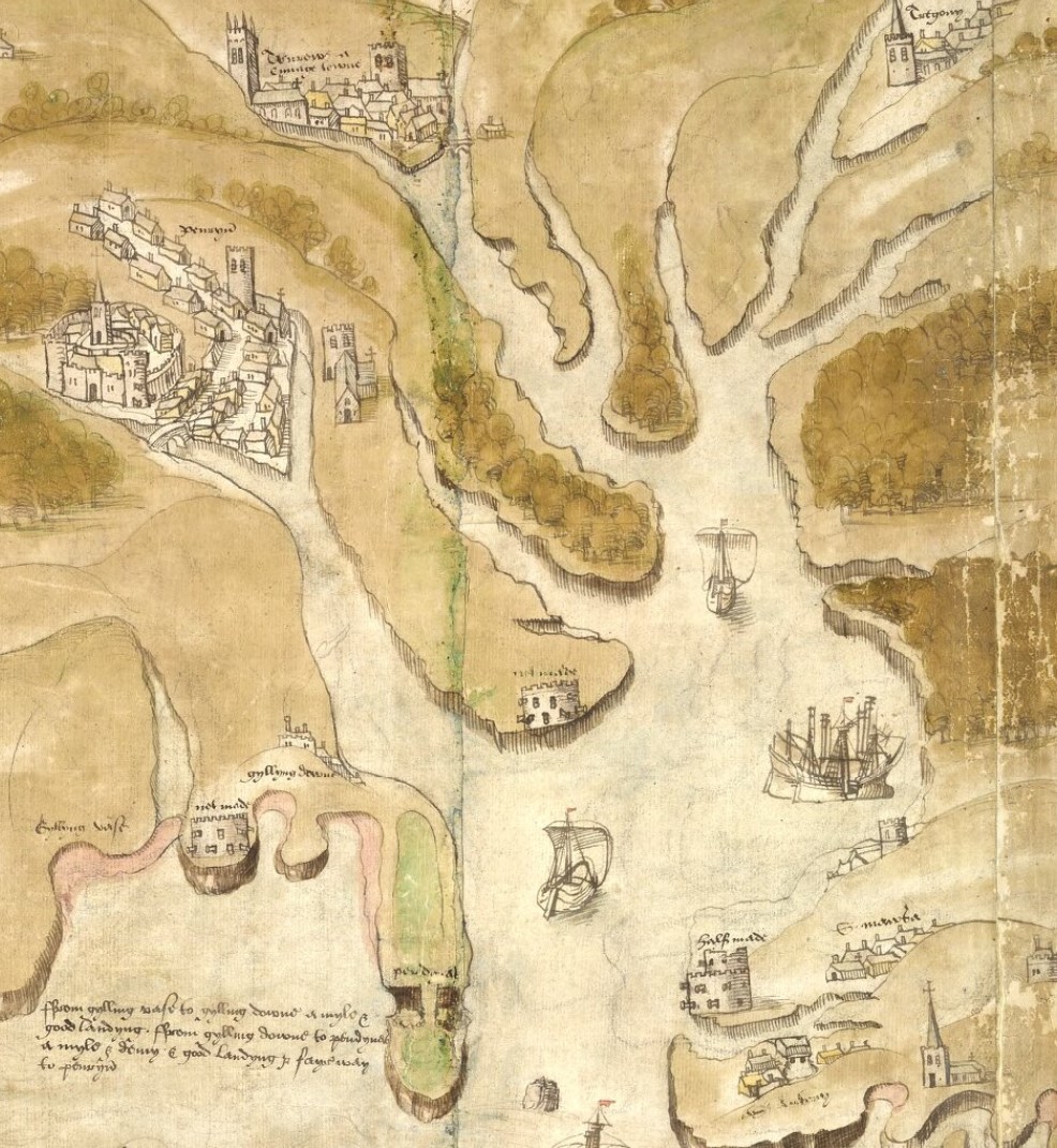 Some more details from the huge 1539-40 map of Cornwall: Falmouth Haven up to Truro, St Piran's old church in the dunes of Penhale Sands (Perranzabuloe), and the medieval deer park at Restormel (founded before 1331):  https://images.iiifhosting.com/iiif/54b2fd5df4cd734306d5fcef8deee37f80602f08a65533088090177939d9745b/