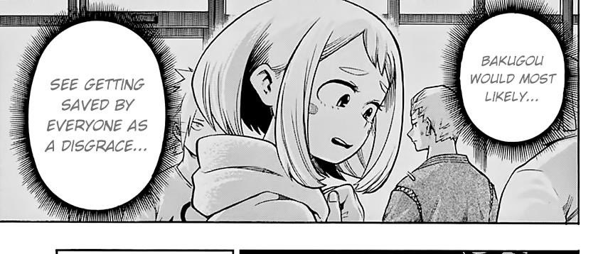 Manga ch.85/ Anime ep.46: After visiting Deku, Kirishima spoke to Uraraka about Bakugou's rescue plan. 
