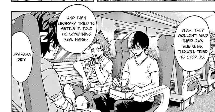 Manga ch.85/ Anime ep.46: After visiting Deku, Kirishima spoke to Uraraka about Bakugou's rescue plan. 