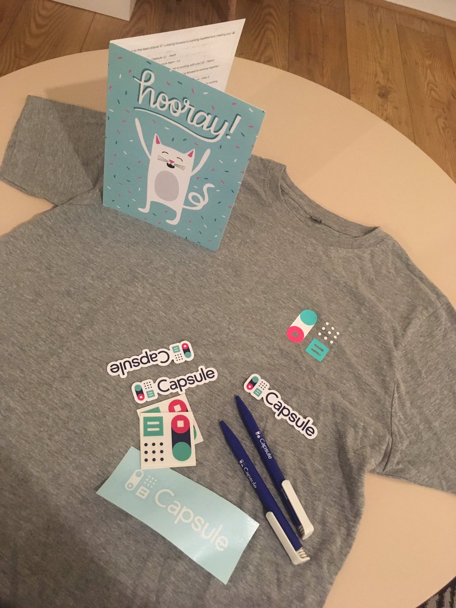 ElenaStagg's tweet photo. How nice is this? My new company @CapsuleCRM sent me some gifts &amp; a card with individual messages from the whole team. Thank you everyone, I feel so welcome already 😍 Excited to start tomorrow! https://t.co/qXYxvwixXs