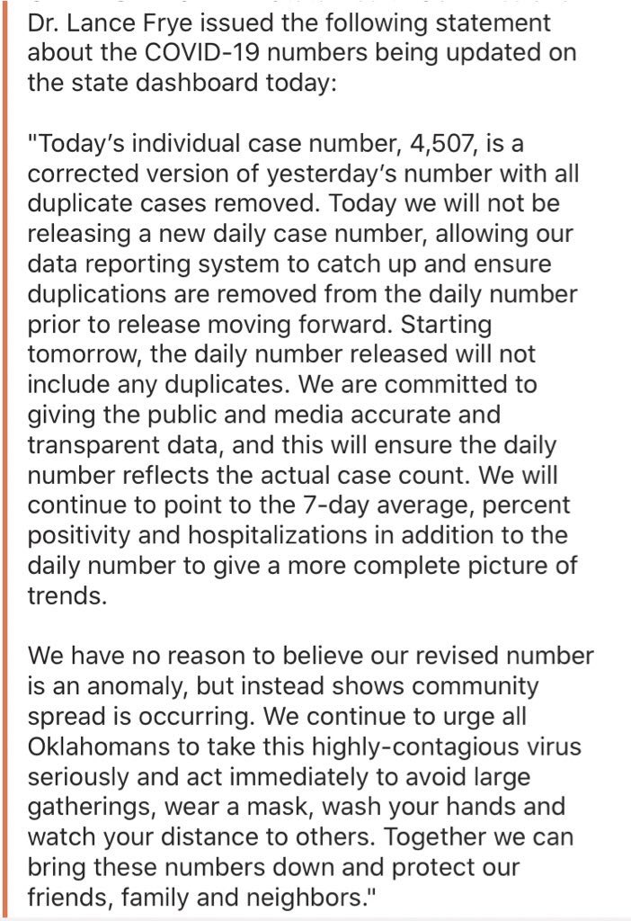 make sure the number they report does not include any duplicates so they need more time with the data. They later say the 4,507 new cases Saturday is not an anomaly and indicates “community spread is occurring.”  #Oklahoma  #COVIDー19  https://www.fox23.com/news/local/oklahoma-coronavirus-updates-whats-happening-november/ITS4L254UJBCRLWROT63Z7P5DA/