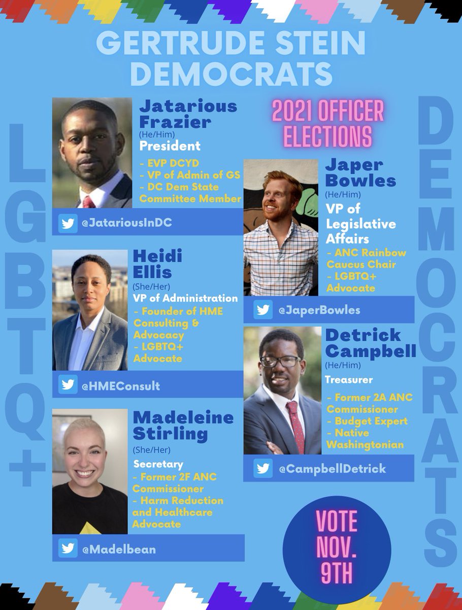 JaperBowles's tweet photo. Will you support me and these wonderful folks for @steindemocrats Executive Board?
@jatariousinDC for Prez
@HMEConsult for VP, Admin
@madelbean for Sec
Me for VP, Legislative Affairs
@CampbellDetrick for Treasurer
#DemsforProgress https://t.co/tpMrxJSWUr