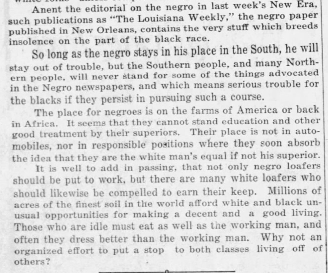 "The place for negroes is on the farms of America or back in Africa."(Eunice News, Mar. 31, 1927.)