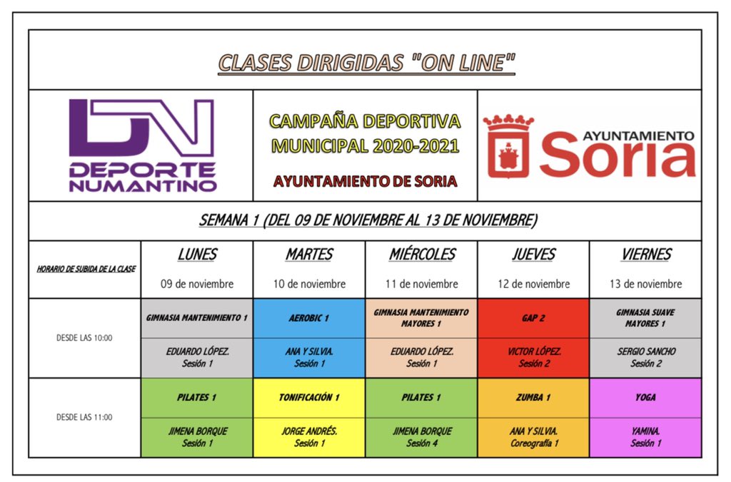 DeporteNumantino (@dxtnumantino) on Twitter photo Vuelven las clases online de la campaña deportiva municipal del ayuntamiento de Soria. A partir de mañana a las 10:00
Desde el siguiente enlace de youtube:
youtube.com/channel/UC8JiC…
Gracias al <a href="/Ayto_Soria/">Ayuntamiento de Soria</a>
Aquí podréis ver el horario semanal de las clases. Vuelven las clases online de la campaña deportiva municipal del ayuntamiento de Soria. A partir de mañana a las 10:00
Desde el siguiente enlace de youtube:
youtube.com/channel/UC8JiC…
Gracias al <a href="/Ayto_Soria/">Ayuntamiento de Soria</a>
Aquí podréis ver el horario semanal de las clases.