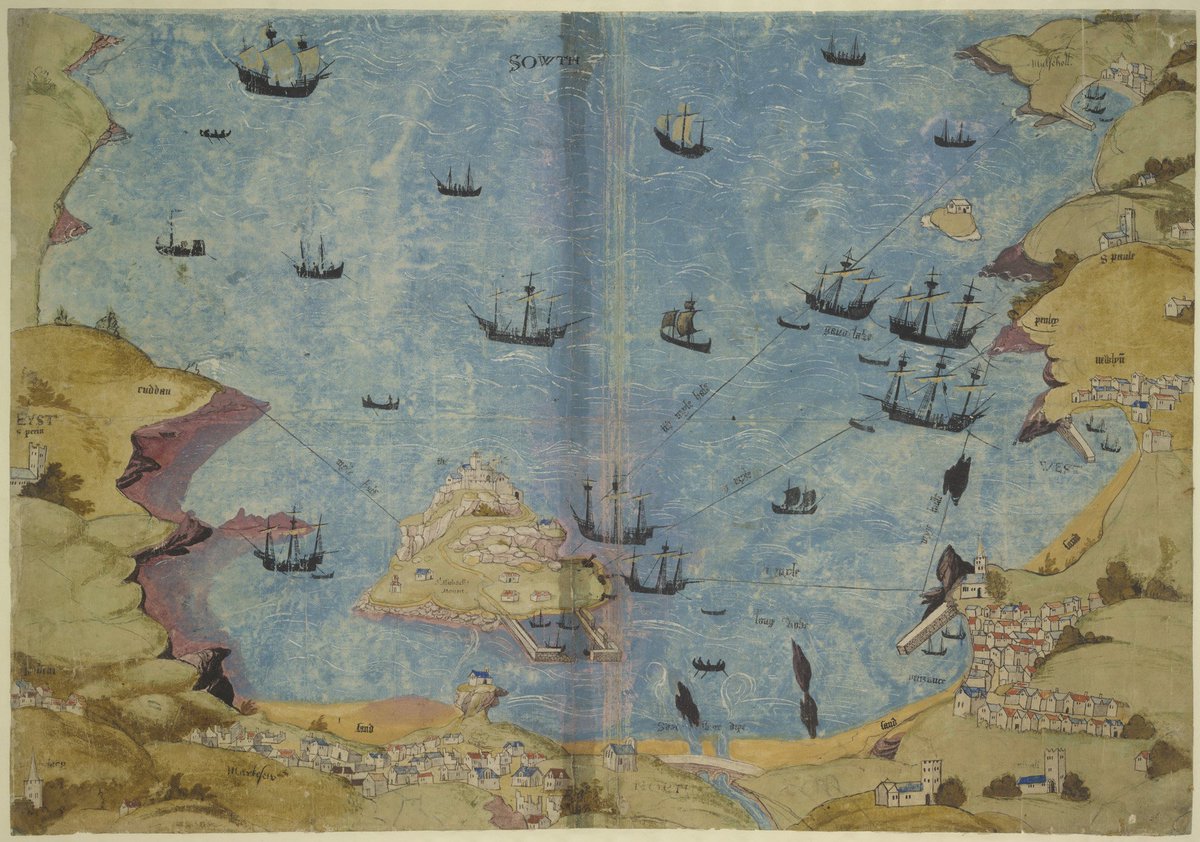 Mount's Bay in around 1540 under a hypothetical invasion scenario, showing Mousehole on the top right, Penzance on the bottom right, St Michael's Mount in the bay, and Chapel Rock between the Mount and Marazion still with its chapel upon it:  https://www.bl.uk/collection-items/mounts-bay-cornwall