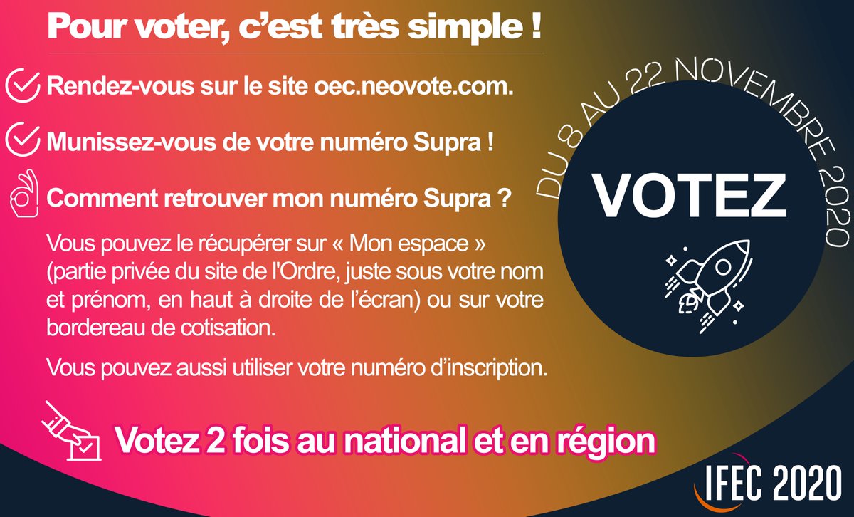 VOTER, C’EST CONSTRUIRE NOTRE PROFESSION !

Commencez bien la semaine et VOTEZ !! pour les élections aux CROEC ➕ CSOEC. Rien de plus simple !

👉RDV sur le site oec.neovote.com 
👉Munissez-vous de votre n° Supra que vous pouvez récupérer sur « Mon espace »