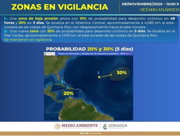 ¡Aviso! ⚠️

Mantenemos en vigilancia dos zonas de #BajaPresión en el océano #Atlántico:

1. Con 10% de probabilidad para desarrollo ciclónico en el pronóstico a 48 horas y 30% en 5 días. 

2. Con 20% de probabilidad para desarrollo ciclónico en el pronóstico a 5 días. 

👇🏼