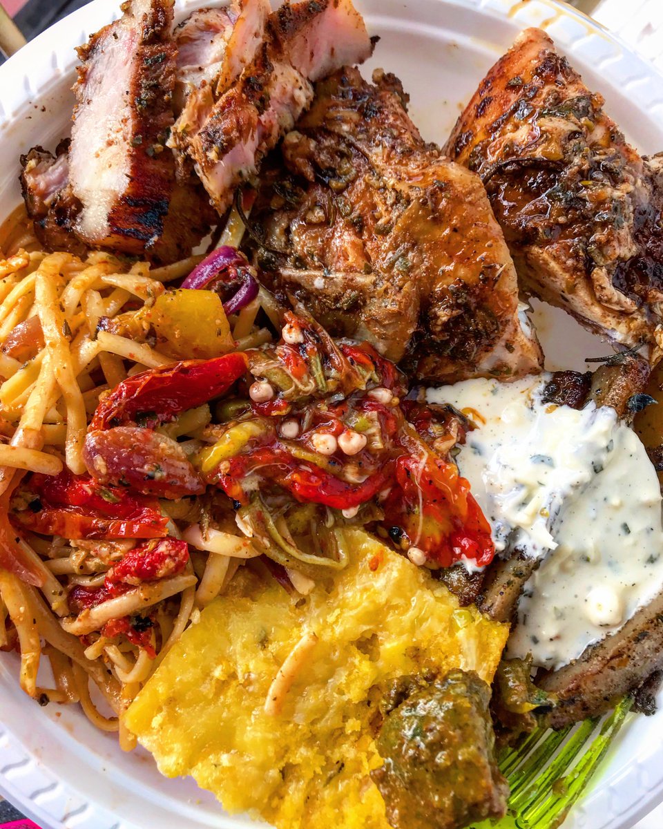 Melo_AS's tweet photo. Sur assiette:
#cornpie
#jerk #pork
#roastchicken
#curry #goat and #murtani
#roasted #bellpepper and #vegetable #linguini
#marinated #roastedpotatoes with a #creamsauce https://t.co/W2sMhwsZ3u