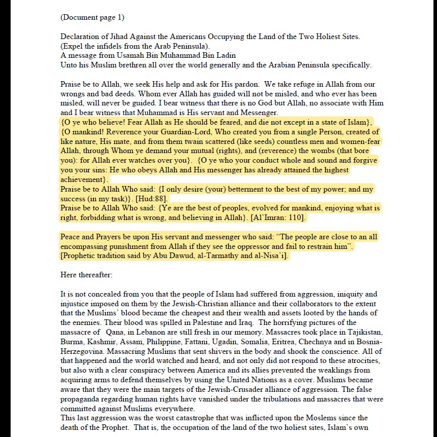 2/n Osama cites Hud:88, AI'Imran:110, Abu Dawud, al-Tarmathy & al-Nisa’i encouraging the attack on infidels.