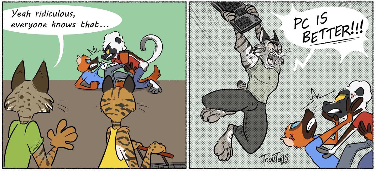 #toontails 30

Console wars 🙄 

... with new consoles releasing,
who are you in this fight? 🤔

#PlayStation5
#ps5 #Xbox 

Want comics like these to keep happening, so support me on patreon ❤

patreon.com/clairebeararts