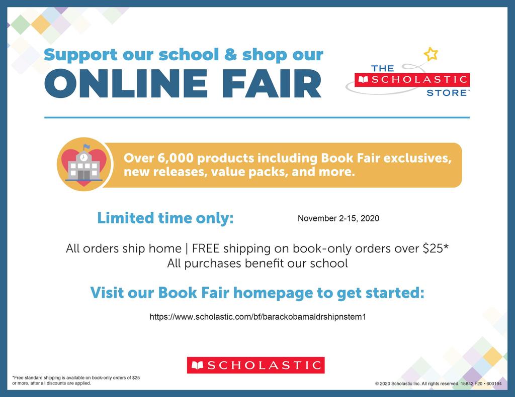 Attention Families! Please see the attached flyer with information regarding our Online Book Fair, taking place now until November 15. Thank you for your support as we continue to #ElevateExcellence  by reading everyday!