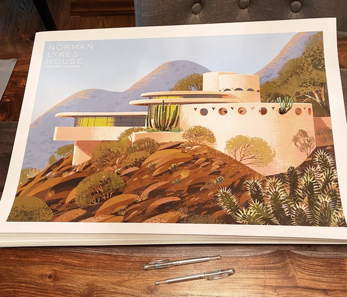Signing prints today from @Spoke_Art  `s Frank Lloyd Wright show, Timeless! Thanks so much to everyone who ordered a print so far. ❤️ 