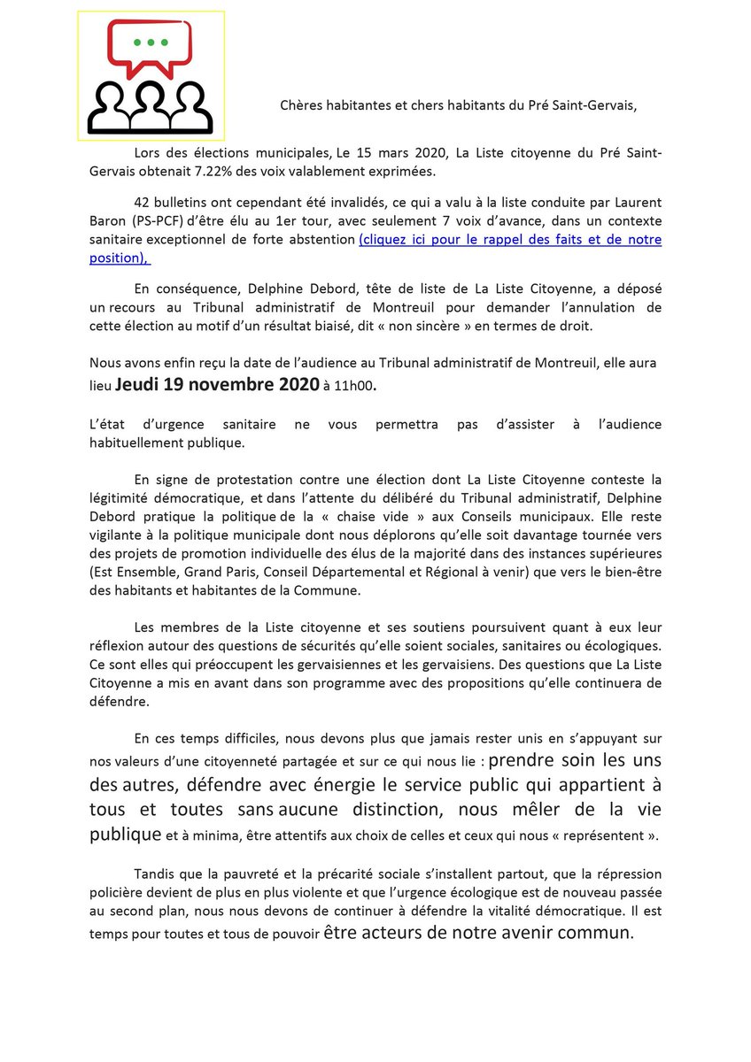 PreCitoyen's tweet photo. Des nouvelles de notre recours... Audience le 19 novembre à 11h. #democratie #Municipales2020 https://t.co/G9v2lYwfiY