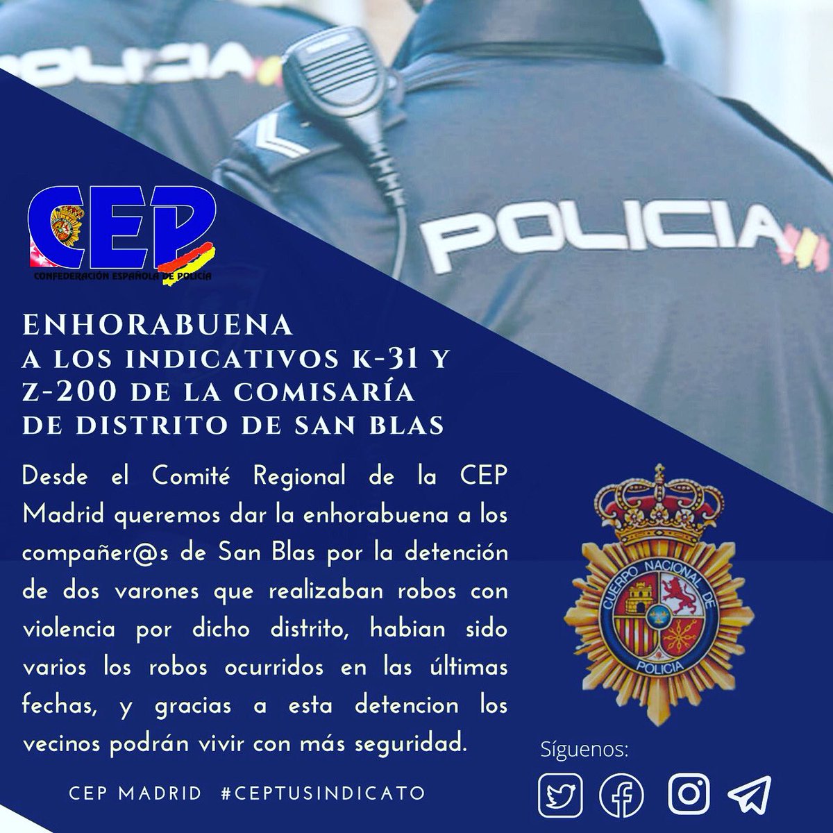 cepmadrid's tweet photo. Enhorabuena a los indicativos K-31 y Z-200 👮🏻‍♀️👮🏻‍♂️de la Comisaría de Distrito de San Blas, que en la noche pasada detuvieron a 2 varones que realizaban tonos con violencia en dicho distrito. Los vecinos del barrio podrán vivir con más seguridad a partir de ahora. @policia https://t.co/sPezqYbXK4