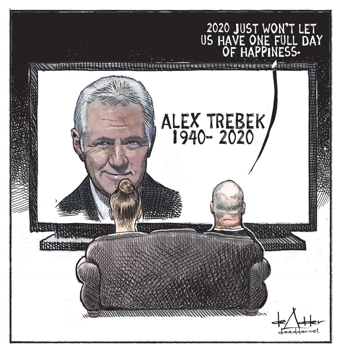 deAdder's tweet photo. Cartoon for November 8 #AlexTrebek #jeopardy #CanadianHero #trebek https://t.co/rCdxxETgpH
