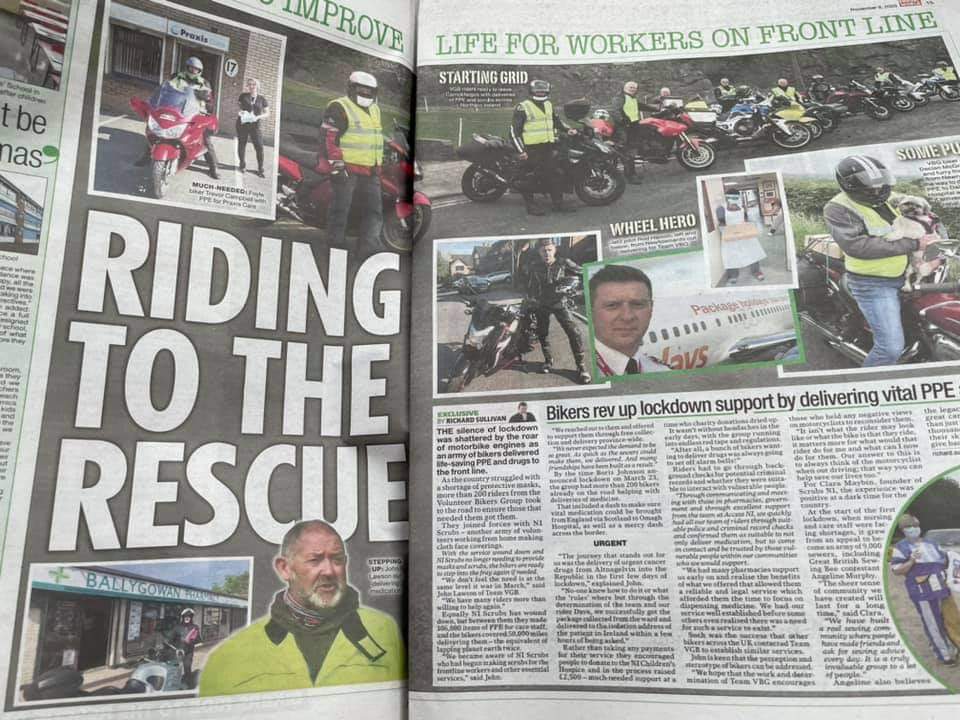 TeamVBG's tweet photo. Thanks @sundayworld for the great write up today, a memory of coming together that all involved will never forget ! #sundayvibes @BBC_Bikes #bikers in the #community #HelpingOthers #motorcycle #heros #InThisTogether @belfastlive @BelfastHourNI #NorthernIreland https://t.co/QzrdtCOjyl