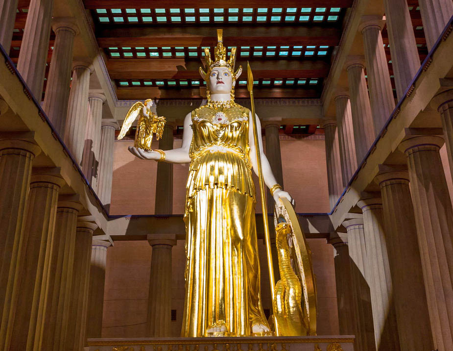 Additionally, the Nashville Parthenon houses a full-scale replica of the lost Athena Parthenos statue that supposedly once stood tall in the Athens Parthenon. Defying expectations, the statue is vibrant and full of color.