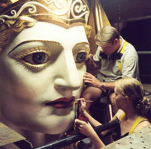 Athena’s garments, accessories, and more are plated in gold leaf, and her face is painted with blue and red. Even Athena’s eyelashes are plated with gold, and this attention to detail and vibrancy helps debunk the myth that ancient sculpture was white and plain.