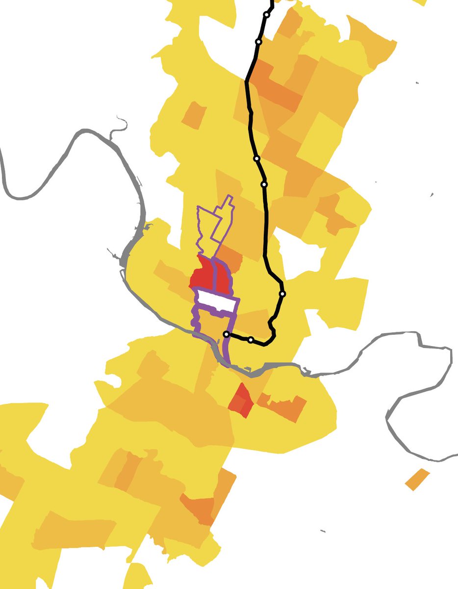 In “Trains, Buses, People, I note how the Austin Red Line, as a result of political compromise, misses both the highest concentrations of population (red/orange) and jobs (the purple outlines.)