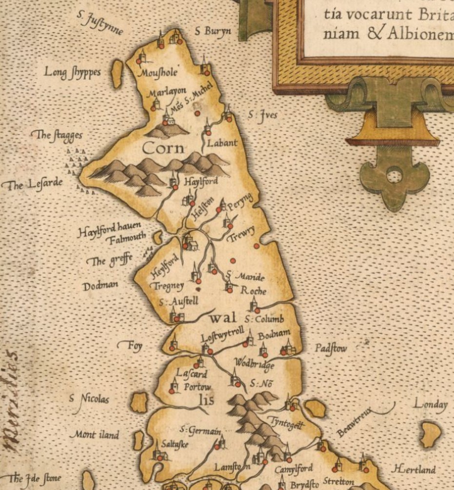 Three views of Cornwall from Mercator's Atlas of Europe, put together in the early 1570s; the most detailed was engraved by Mercator from an English original produced to assist the French/Spanish in planning an invasion to overthrow Queen Elizabeth:  https://www.bl.uk/collection-items/mercator-atlas-of-europe