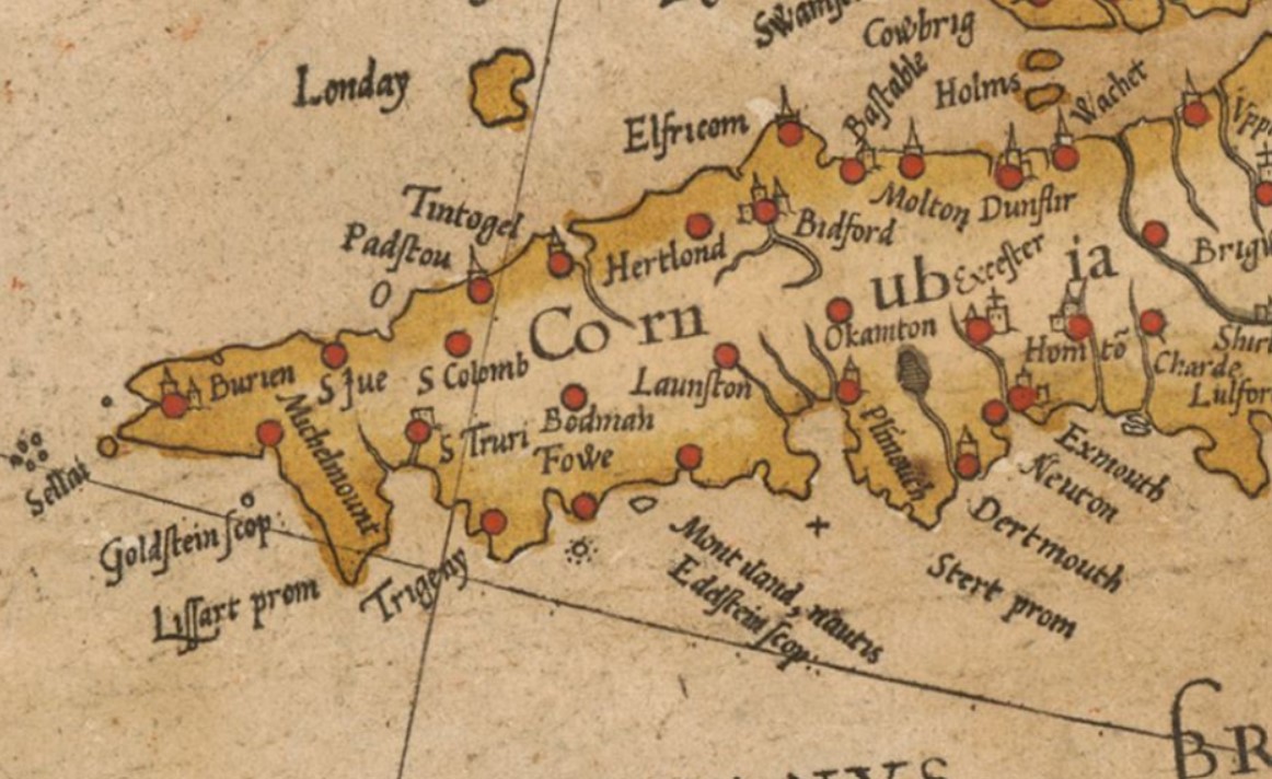 Three views of Cornwall from Mercator's Atlas of Europe, put together in the early 1570s; the most detailed was engraved by Mercator from an English original produced to assist the French/Spanish in planning an invasion to overthrow Queen Elizabeth:  https://www.bl.uk/collection-items/mercator-atlas-of-europe