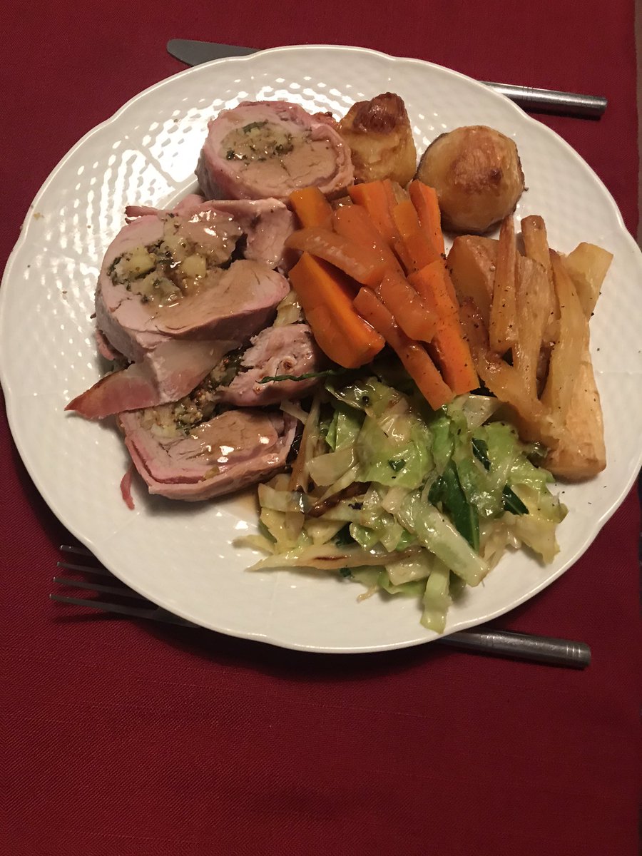 the_groundsman's tweet photo. Stuffed Pork tenderloin from the local butcher,  roast Potatoes and Parsnips, carrots and stir fried cabbage all from @ValleyVegBox1 https://t.co/vC9iVphD7h