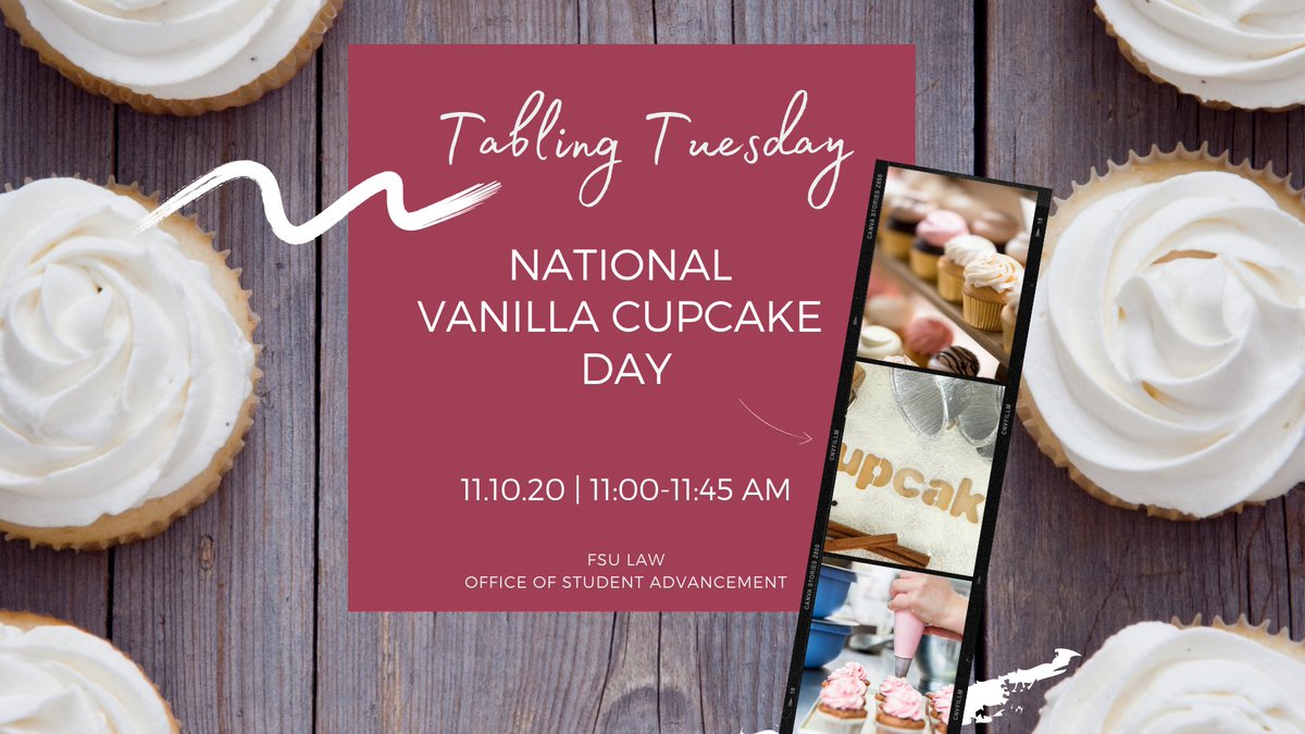 DeanB_FSULaw's tweet photo. Every day is a cupcake day... especially this Tuesday! 😉👩🏻‍🍳🧁#NationalVanillaCupcakeDay #TablingTuesday @fsulawsa https://t.co/QxnQsxDy7M
