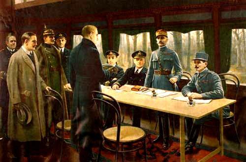 MilHistNow's tweet photo. RIGHT NOW in 1918, German and Allied delegates sign the WW1 Armistice in a railway carriage at Compiègne, France. It goes into effect at 11 a.m. https://t.co/Kuebh9QYj7