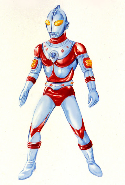 Going back to Ultra, here's the hero from the unmade 1981 USA film, Ultraman: Hero From The Stars by Don Glut. This guy would've been the latest M78 hero and would've gone to Earth to battle intelligent dinosaurs. I like his sort of robotic design.