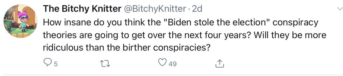 BitchyKnitFans's tweet photo. The One Bitch as shared some Election #BitchyWisdom to help us through:
Russian Collusion = Real
Steele Dossier = Facts
Hillary Clinton = Reincarnation of Virgin Mary
Hunter Biden Laptop Pictures;Videos; Texts; Emails = Not Real
Election &amp; Mail Fraud = Conspiracy Theory https://t.co/R1GyFZKlrG