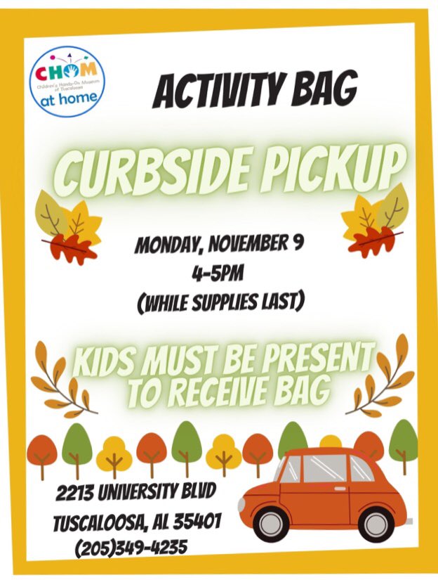 CHOM of Tuscaloosa (@chomonline) on Twitter photo We love seeing you pick up CHOM At Home activity bags! Tomorrow’s the day! Curbside pickup chomonline.org 4-5pm! #TuscaloosaSTEAM <a href="/tuscaloosacity/">City of Tuscaloosa</a> <a href="/AMSTI4all/">AMSTI</a> <a href="/MikeDaria/">Mike Daria</a> <a href="/WaltMaddox/">Walt Maddox</a> <a href="/NicksKidsFdn/">Nick's Kids Foundation</a> We love seeing you pick up CHOM At Home activity bags! Tomorrow’s the day! Curbside pickup chomonline.org 4-5pm! #TuscaloosaSTEAM <a href="/tuscaloosacity/">City of Tuscaloosa</a> <a href="/AMSTI4all/">AMSTI</a> <a href="/MikeDaria/">Mike Daria</a> <a href="/WaltMaddox/">Walt Maddox</a> <a href="/NicksKidsFdn/">Nick's Kids Foundation</a>