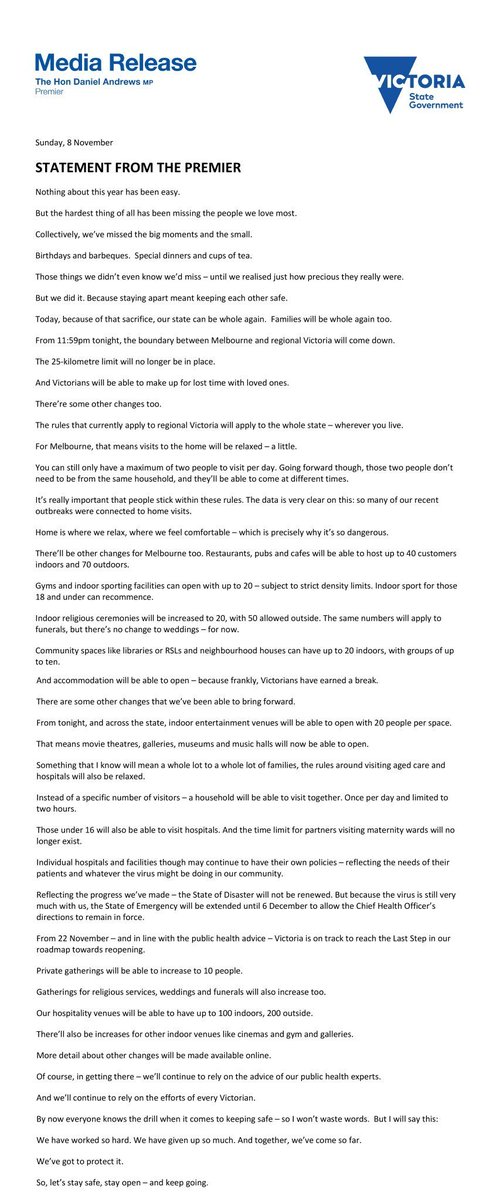 "Melbourne's coronavirus second wave seemed impossible to defeat. Our modelling showed exactly how to do it"  https://abc.net.au/news/2020-10-29/coronavirus-melbourne-how-we-hit-our-target/12826692At Covid Zero, 3 months later, a hard fought victory of State+Society+Science. What compassionate leadership sounds like  https://www.premier.vic.gov.au/statement-premier-81