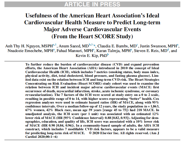 AnumSaeedMD's tweet photo. Happy to share our most recent paper on "Usefulness of the #AHA's Ideal Cardiovascular Health Measure to Predict Long-term Major Adverse #CVD Events (#HeartSCORE Study) - published now in American Journal of Cardiology! 

To read in #AJC: https://t.co/3jonA5fkk2

#cvPrev #CVD https://t.co/wn3Klzf3ic