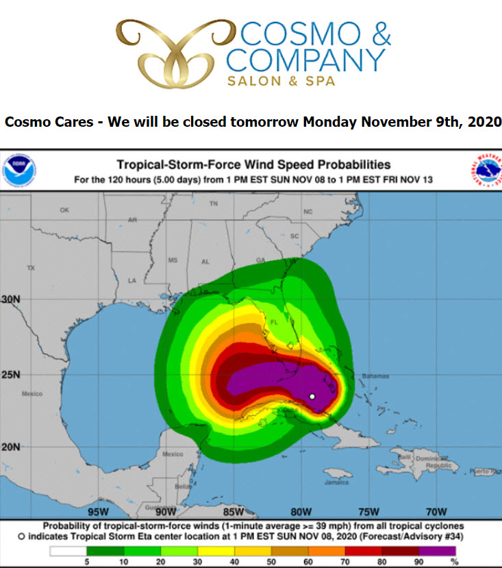 CosmoandCompany's tweet photo. Cosmo Cares - We will be closed Monday November 9th, 2020. Safety is our top priority. Storm Eta has been upgraded to a potential Hurricane Watch. We hope everyone stays safe!
#EvokeBeauty #CosmoandCompany #HairSalon #PalmBeach #WestPalmBeach #WPB #Eta #Stormwatch https://t.co/pprLPN8orj