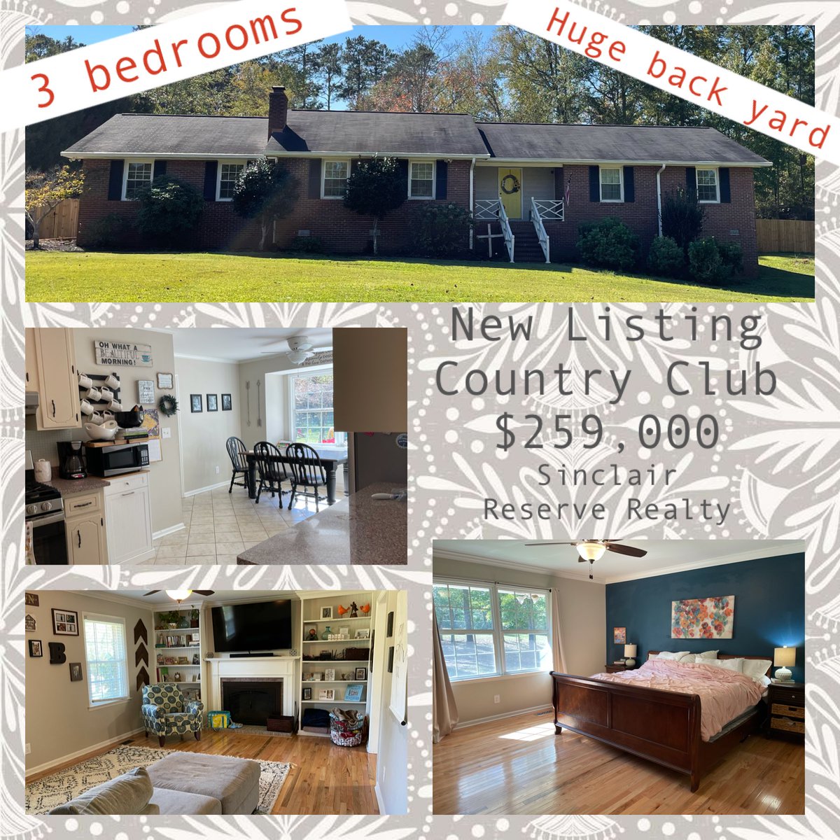 sinclairreserve's tweet image. New Listing in the Country Club Estates... minutes from schools, Kroger and town.  Three bedrooms, possible fourth if needed.  Call Kyle Hitchcock for a showing!

Brokered with Sinclair Reserve Realty at 478.453.7771.

#srr #raisethebar #keepitwithkyle