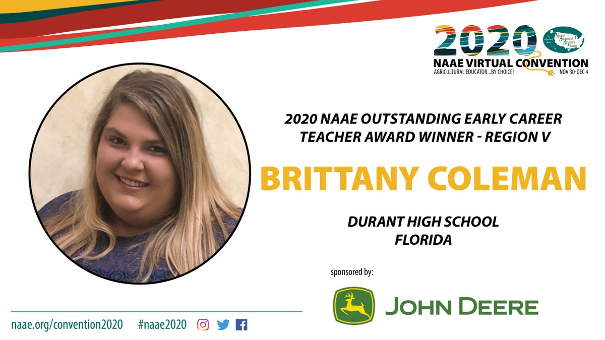 Congratulations Brittany Coleman, the 2020 NAAE Outstanding Early Career Teacher Award Winner from Region V! Brittany is an agricultural educator at Durant High School in Florida. #NAAE2020 #AgEdu

Meet the rest of the 2020 NAAE Award Winners. » bit.ly/32rceZt