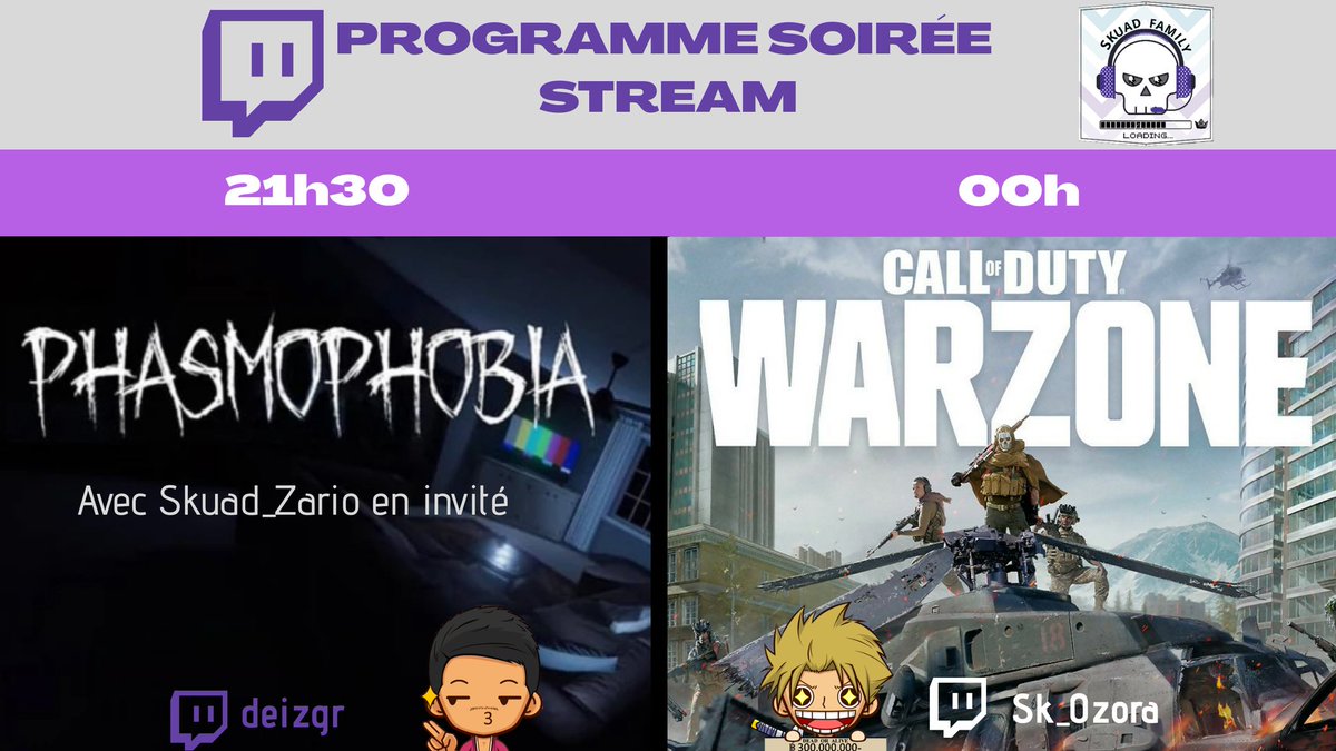 SkuadFamily's tweet photo. Le programme de la soirée pour nos moussaillons 🏴‍☠️⚔
Venez avoir peur avec eux dès maintenant  sur phasmophobia sur la chaîne twitch de deizgr : https://t.co/DKFU3LhfJC
#ReadytoSlay https://t.co/K80vlnLdsp