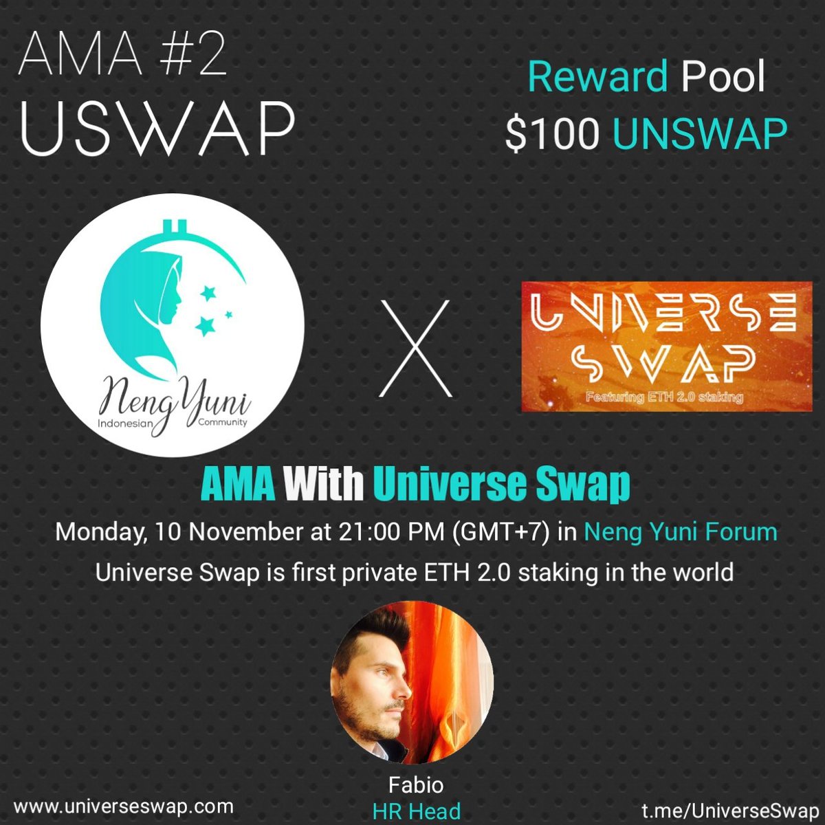 nengyuni_indo's tweet photo. Neng Yuni Forum will hold an #AMA with Universe Swap 🥳🥳

🏤Venue:
👩‍ https://t.co/YhPUOlPPk6
🗓️10 November 2020
⏰02 PM UTC | 21:00 WIB

Rules: 
1. Detail join https://t.co/dAU63Q3mDC
2. Follow Twitter @NengYuni_indo &amp; @UniverseSwap
3. Like,RT, Comment Question &amp; Tag 3 Friends https://t.co/5t96XXUOMh