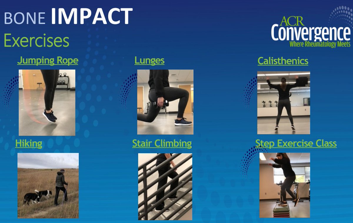 DrAiLynTan's tweet photo. #Exercise for preventing #osteoporosis in peri-#menopausal women

➡️Impact (eg. hiking. Not just walking, need to challenge yourself going up &amp; down hills to activate #muscle &amp; stimulate #bone around hip
➡️Resistance (weights, machines)

By @Laura_Bilek #ACR20 https://t.co/e6nfK7ctwX