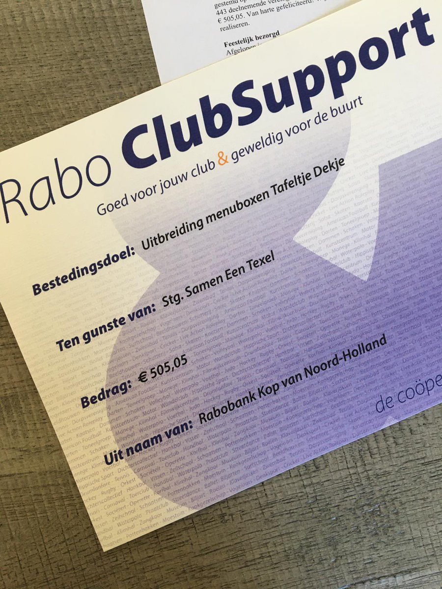 Stichting Samen één Texel: leuk duwtje van de Rabobank